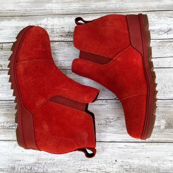Sorel Boots Evie Pull On Bootie Sz 7.5 Orange Suede Waterproof Wedge Casual - Picture 6 of 10